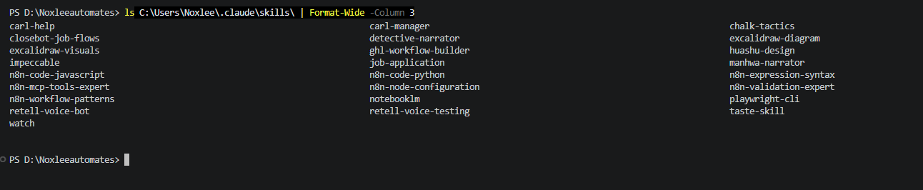 Screenshot of .claude/skills/ directory listing showing the operator's installed skill inventory