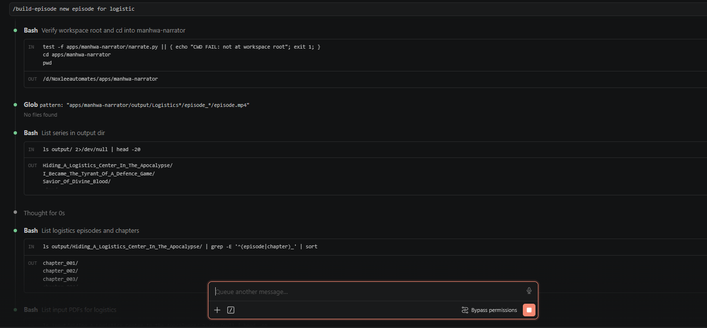 Screenshot of /build-episode orchestrator running an end-to-end manhwa episode pipeline
